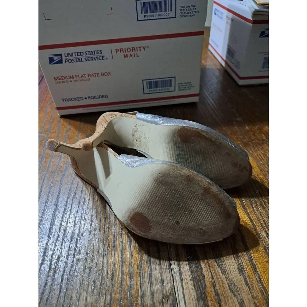 Size 9M Guess Silver Sling Back Peep Toe Cork High Heel Dress Shoes